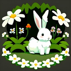  The image features a white bunny sitting amidst a lush garden of colorful flowers.