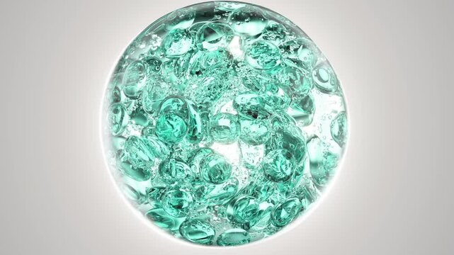 Turquoise cosmetic serum with liquid bubbles in a 3D abstract background. Hydrating essence gel enriched with collagen molecules. Moisturizing cream or oil for advanced skincare, beauty.