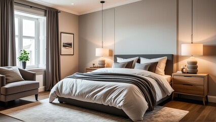 Fototapeta premium Modern minimalist bedroom interior with cozy lighting and neutral tones