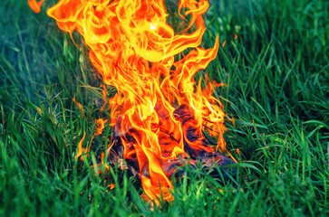 Sport sneakers in bright orange flames, blazing fire on grass creating a powerful visual effect