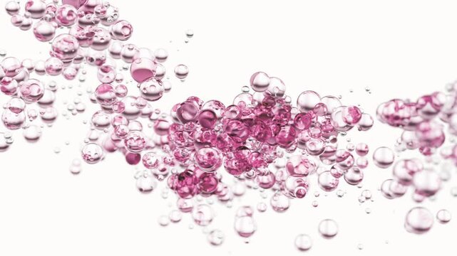 Pink serum with liquid bubbles in a 3D abstract background. Hydrating essence gel with collagen molecules. Moisturizing cream or oil for skincare and beauty.