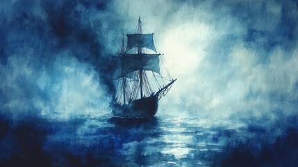 Fototapeta premium A Silhouetted Ship Sailing Through a Misty Sea