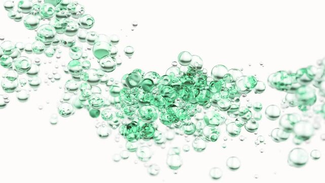 Turquoise cosmetic serum with liquid bubbles in a 3D abstract background. Hydrating essence gel enriched with collagen molecules. Moisturizing cream or oil for advanced skincare, beauty.