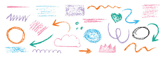 hand-drawn pencil brush hand-drawn chalk vector element set. drawing with chalk, wax, crayon, colored pencil, charcoal, crayon pencil style. Vector illustration