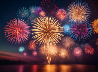 New Year in a nighttime party atmosphere with Colorful fireworks on night sky background