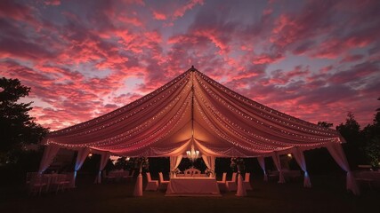 A beautifully lit event tent under a vibrant sunset during a wedding celebration, festive
