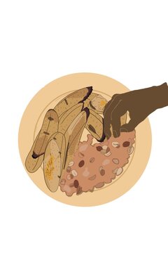 Roasted plantain and peanuts with hand
