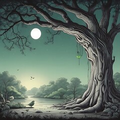  The image depicts a serene night scene featuring a large, gnarled tree with a hanging basket, a full moon, and a tranquil forest.