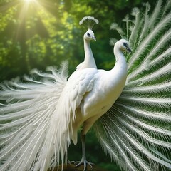  The image shows two white peacocks with their vibrant tail feathers spread out, standing on a tree branch in a sunlit environment.