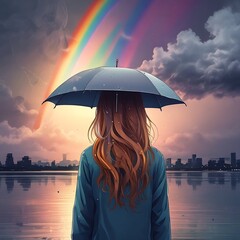  The image portrays a woman standing on a pier, holding an open umbrella. The umbrella is open, protecting her from the rain. The background features a stunning city skyline set against a beautifully 