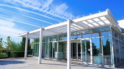 Obraz premium A White and Spacious Outdoor Building - a bright and inviting visual. The spacious design creates an open and airy atmosphere.