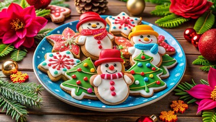 Delicious Christmas Cookies: Festive Snowmen, Gingerbread Men, and Colorful Plate with Flowers for Holiday Celebrations and Treats