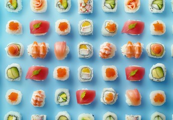Fototapeta premium Artistic plate of assorted sushi with vibrant colors and textures