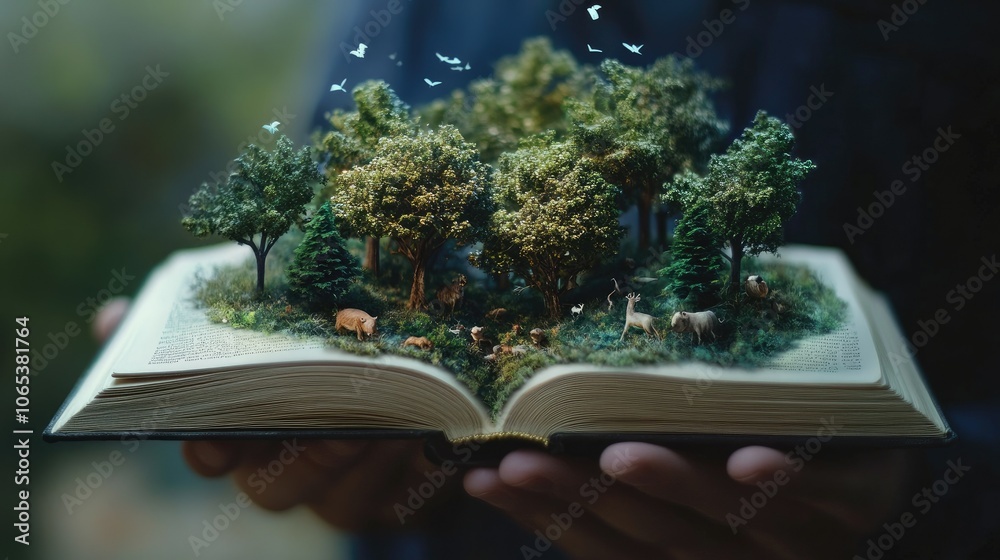 Poster a book opens to reveal a miniature enchanted forest, with tiny trees and animals rising from the pag