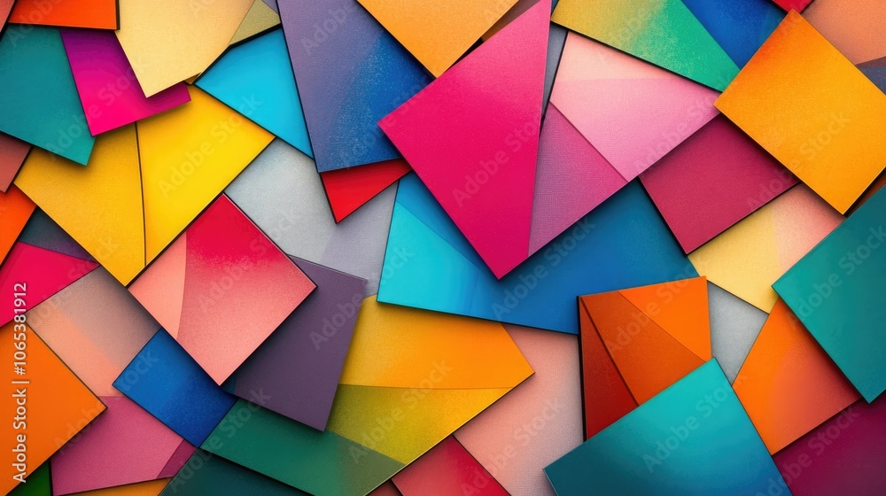 Poster A bright array of overlapping geometric shapes in various colors, forming a playful and abstract background
