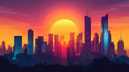 Fototapeta premium A city skyline glowing under intense sunset hues, with skyscrapers silhouetted in the warm light