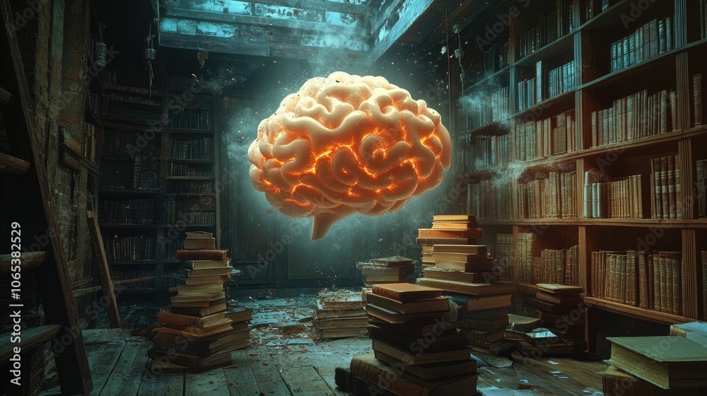 Poster A creative brain shape floats over stacked old books in a dark, cozy room, representing endless knowledge and discovery