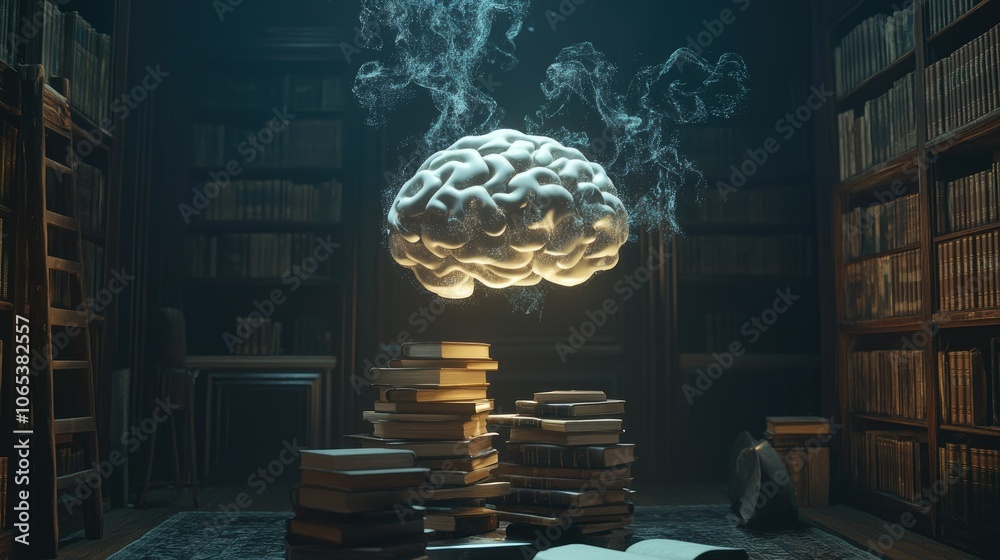 Poster A creative brain shape floats over stacked old books in a dark, cozy room, representing endless knowledge and discovery