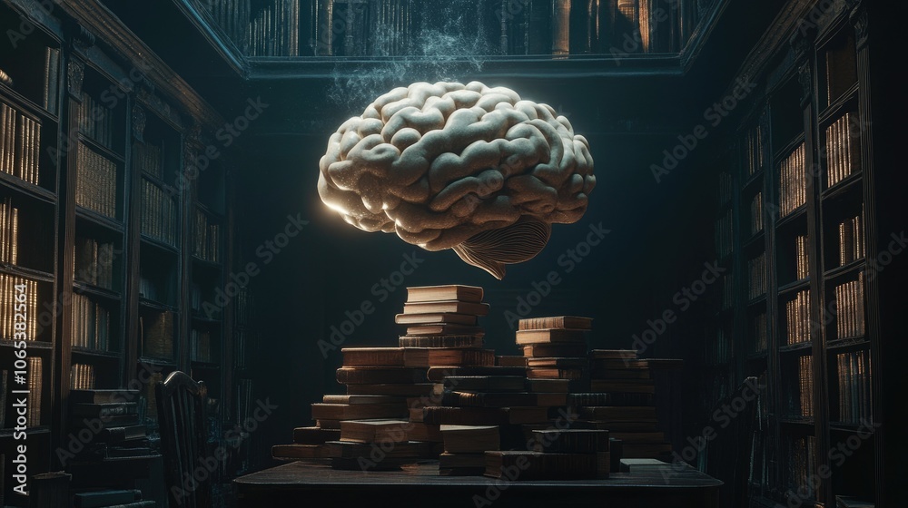 Poster A creative brain shape floats over stacked old books in a dark, cozy room, representing endless knowledge and discovery