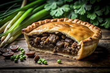 Delicious Hand-sized Meat Pie on White Background - Savory Snack with Minced Meat, Gravy, Mushrooms, Onions, and Cheese, Perfect for Quick Meals or Treats