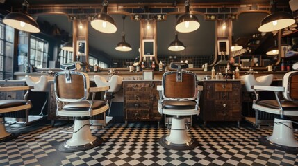 Classic barber shop interior with vintage chairs and elegant decor