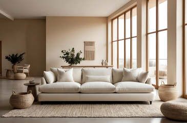 Fototapeta premium Elegant Modern Room with a Comfortable Sofa, Subtle Natural Tones, and Large Windows Highlighting an Open, Airy Ambience.