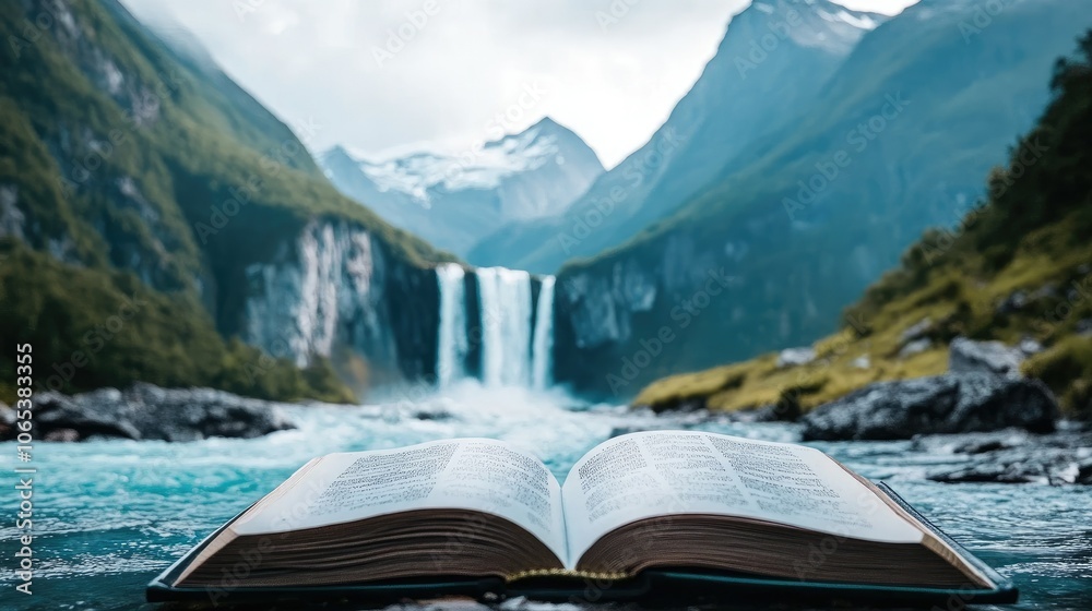 Poster a landscape of mountains and waterfalls emerges from the pages of an open book, creating a fantasy s