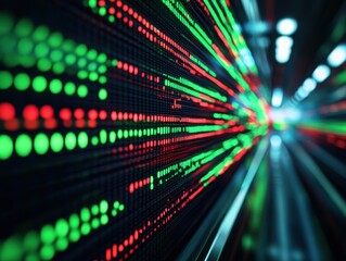 A vibrant display of red and green lights representing data streams in a digital world, showcasing technology and connectivity.