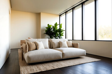 Fototapeta premium Stylish Interior Featuring a Sofa with Neutral Accents and Floor-to-Ceiling Windows that Maximize Spaciousness.