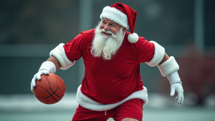 Obraz premium Santa Claus in a red hat and white gloves plays basketball, blurred background, sports concept