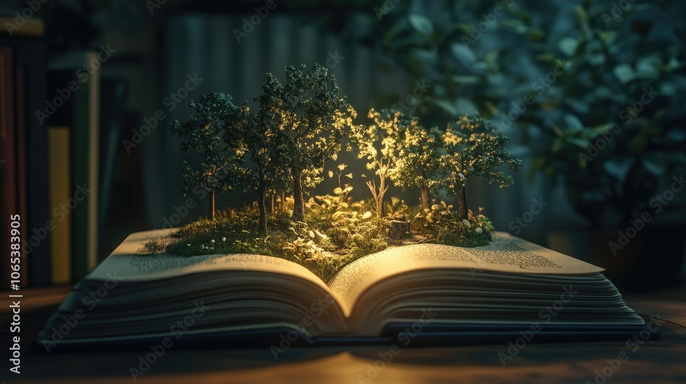 Poster A magical open book with a small forest scene coming to life from its pages, creating a dreamlike effect
