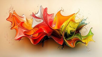 Abstract colorful swirling paint splashes in vibrant tones of red, orange, yellow, and green with smooth, glossy texture.