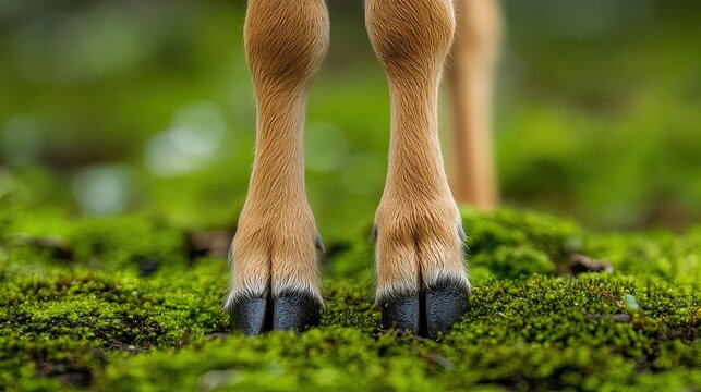 Closeup of deer hooves on moss.