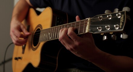 Obraz premium Acoustic guitar player close-up in dimly lit room