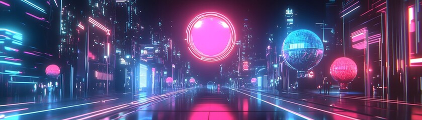 Obraz premium Neon-lit futuristic city street with glowing spheres and a large pink circle