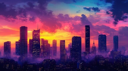 Fototapeta premium A vibrant urban skyline under a dramatic sunset glow, with skyscrapers silhouetted against a colorful sky