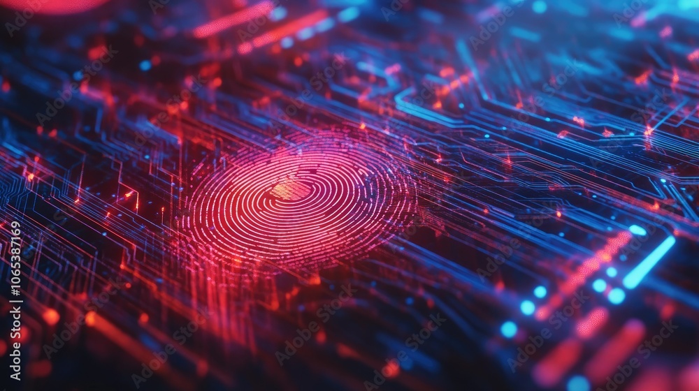 Poster Abstract fingerprint scan over circuit background, tech security and identity protection visualization