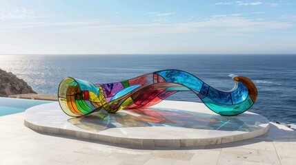 Colorful stained glass S-shaped wave installation on concrete tiles