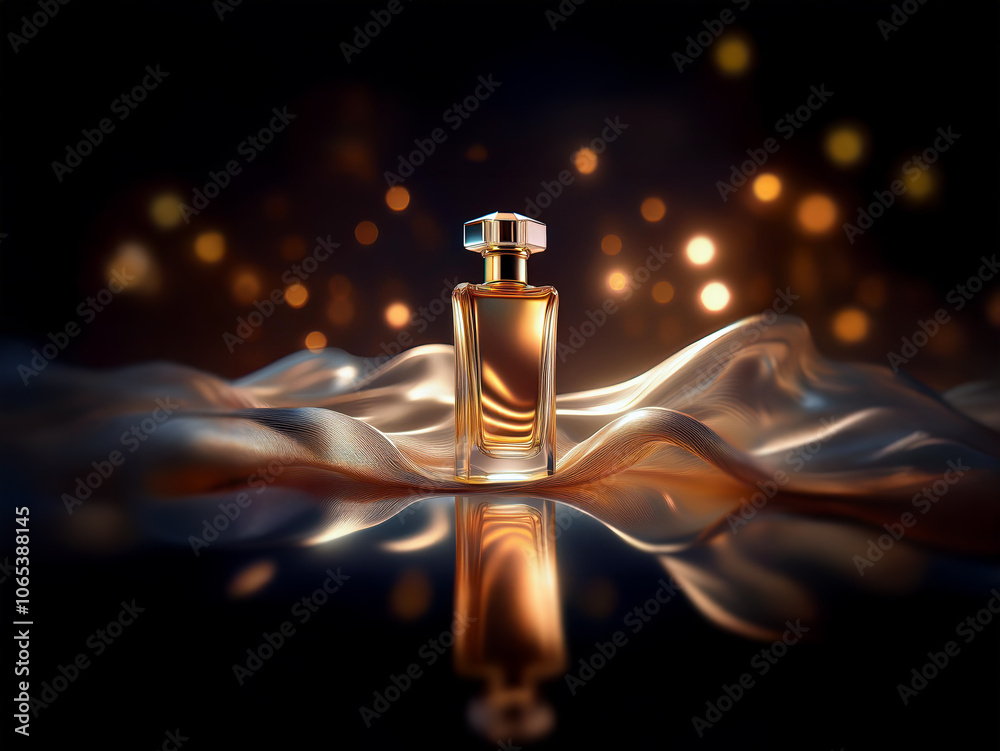 Aufkleber a glass bottle of perfume sits on a silky fabric with a soft golden glow emanating from behind.