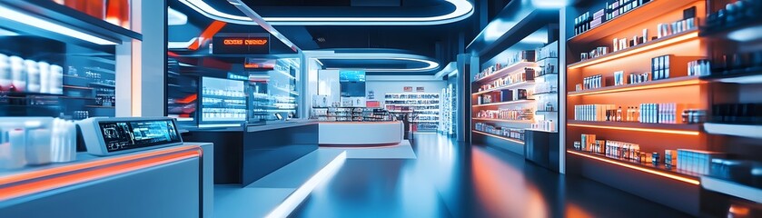 Fototapeta premium Futuristic Retail Store Interior with Shelves and Neon Lights
