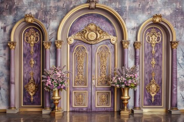 Obraz premium Elegant baroque archway door adorned with purple and gold details
