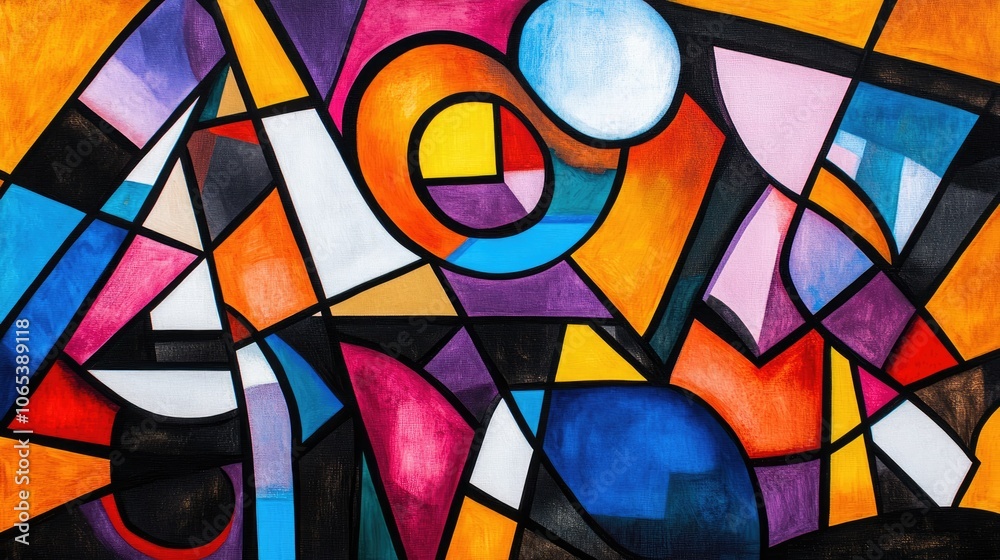 Poster bright and bold geometric shapes arranged randomly in an abstract style, filled with color and energ