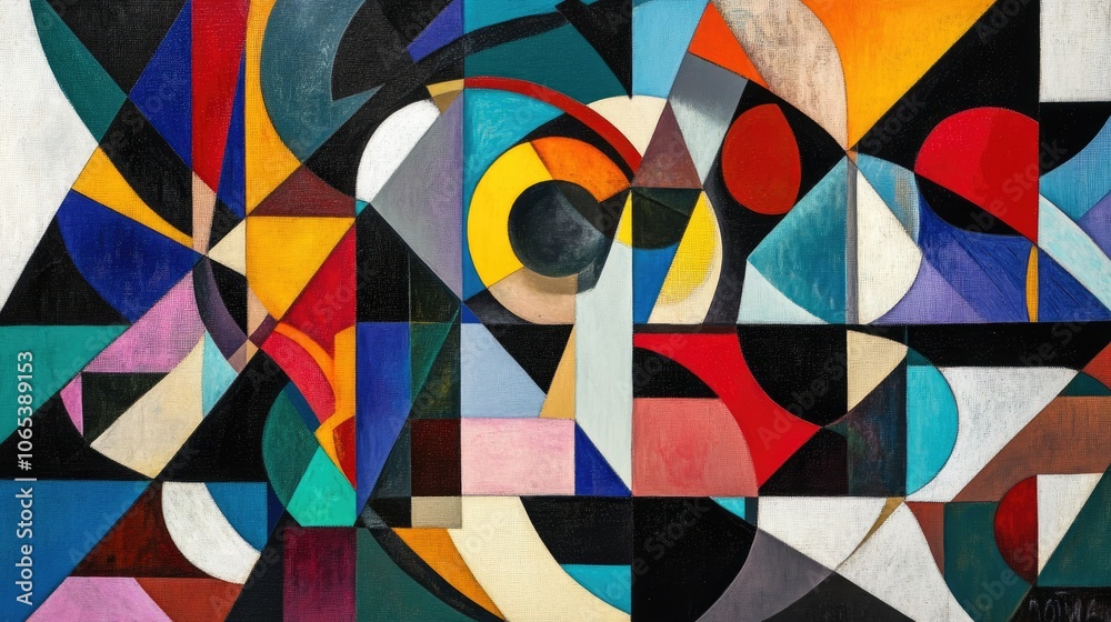 Poster bold, colorful geometric shapes arranged in an intricate abstract design, filled with triangles, cir