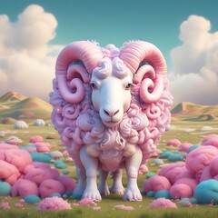  The image displays a large, fluffy sheep with a curly, pink wool coat and distinctive pink horns.