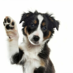 Fototapeta premium Cute puppy waving with its paw on a white background