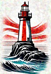  The image is a digital painting of a lighthouse on a rocky shore. The lighthouse is red and white.