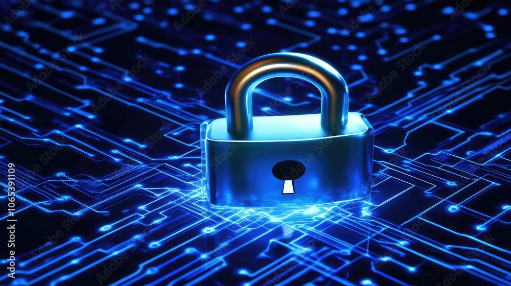 Poster Close-up of glowing padlock icon surrounded by network lines and matrix code, high-tech security theme