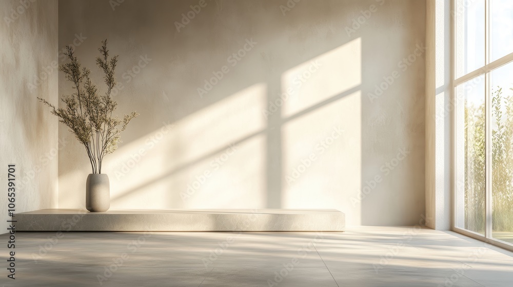 Sticker empty room with sunlight casting shadows and vase on a shelf