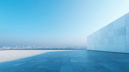 Obraz premium Modern balcony with panoramic city view under clear blue sky in daytime