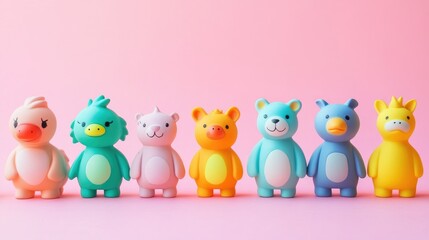 Naklejka premium Colorful animal figurines standing in a line on a pastel background, creating a cute and playful arrangement